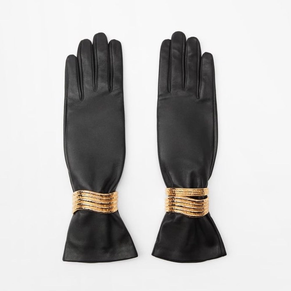 Zara Black Leather Gloves with Gold Cuff